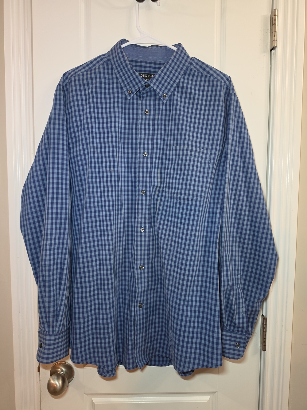 George Men Button Down Long Sleeve Shirt XL 46-48. Blue Gingham Check Plaid